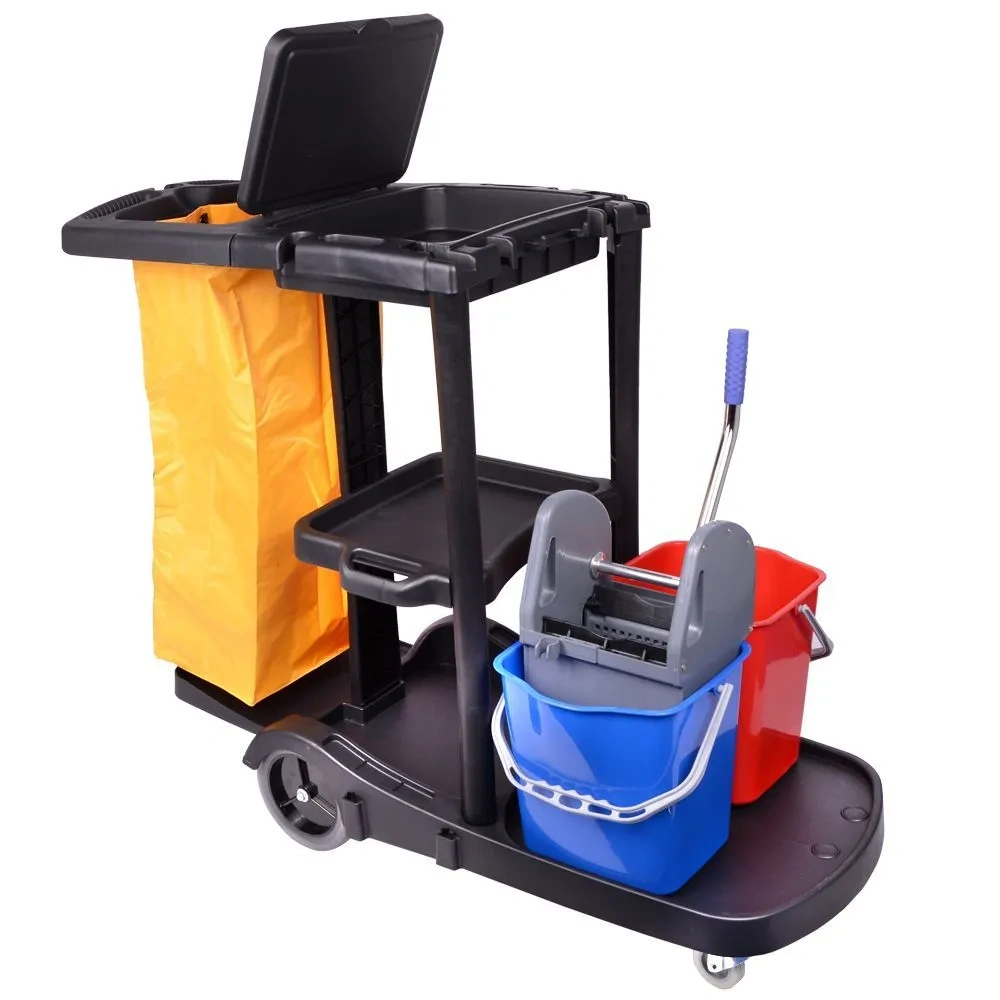 Heavy Duty Janitor Trolley Cleaning Cart - Commercial Grade - Black