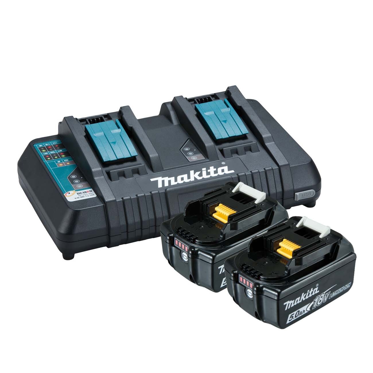 Makita 18V Same Time Dual Port Rapid Battery Charger with 2 x 5.0Ah battery 198928-5