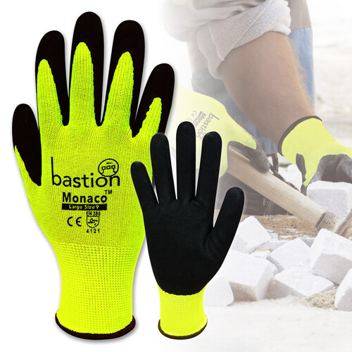 Bastion Monaco High Viz Yellow Polyester Gloves Black Sandy Foam Nitrile Coating